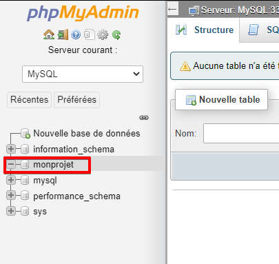 Liste des bases de données sur phpmyadmin